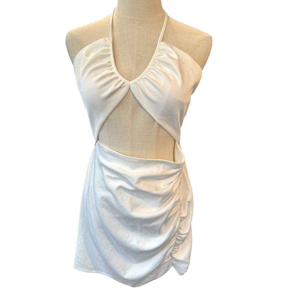 Zara White Halter Cut Out Ruched Mini Dress NWT Large Bodycon Angelcore